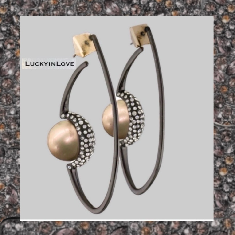 ALEXIS BITTAR • Gunmetal Floating Orbiting Pearl Crystal Hoop Earrings